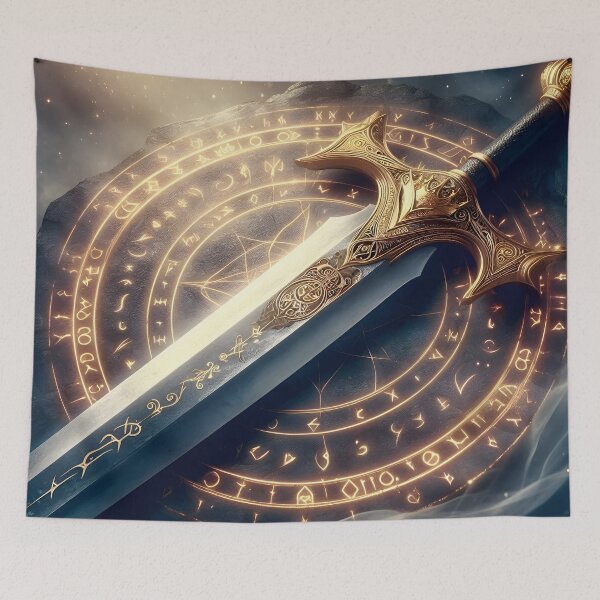 Item preview, Ornate Sword With Glowing Runic Stone Digital Art designed and sold by PandaTShirtShop.