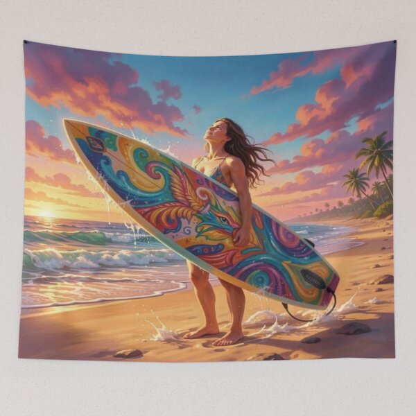 Item preview, Vibrant Sunset Surf Art with Colorful Board, Ocean Waves and Tropical Beach Energy designed and sold by FotoworldEdel.