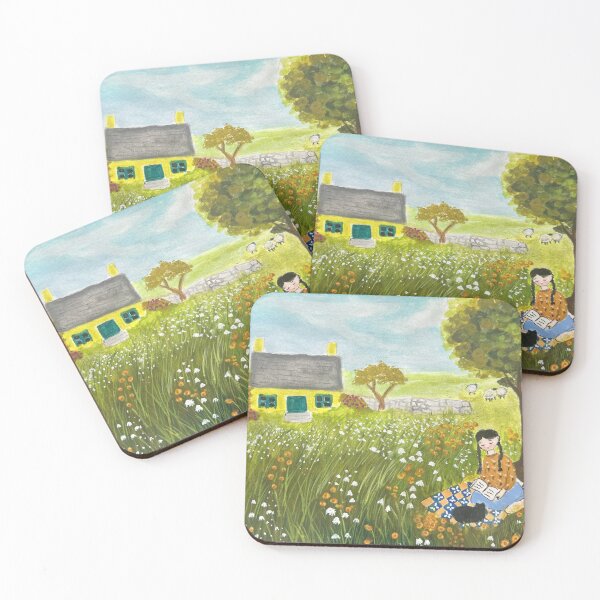 Item preview, Girl Reading a book Folk Art Hand Painted Watercolor gouache Studio designed and sold by RosaLL.