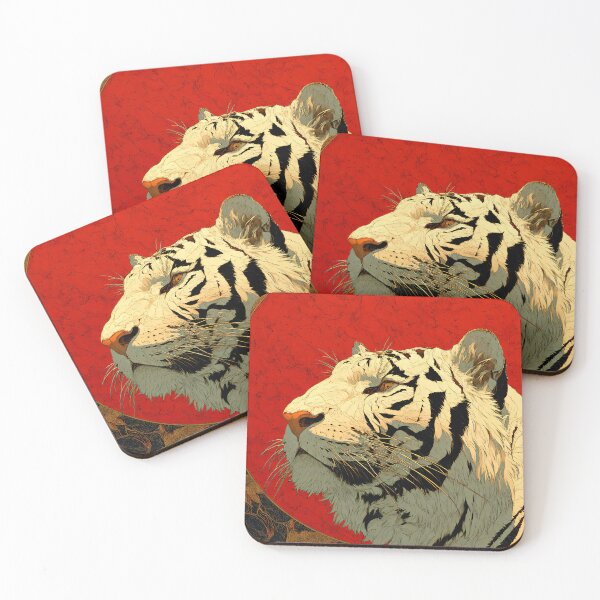 Item preview, white tiger red sun art bold wildlife illustration with asian inspired minimalist composition designed and sold by JackrabbitPub.