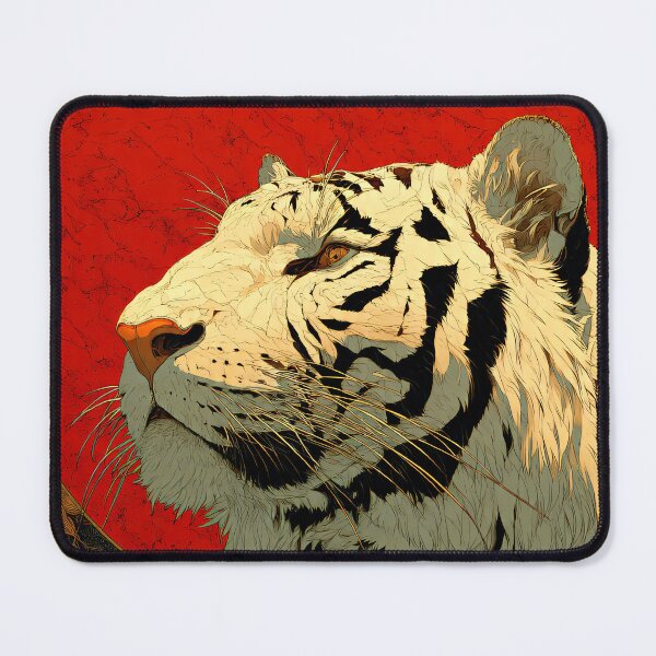Item preview, white tiger red sun art bold wildlife illustration with asian inspired minimalist composition designed and sold by JackrabbitPub.