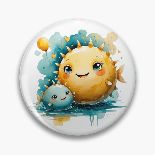 Item preview, Cute Pufferfish Mom and Baby with Balloon Watercolor Art designed and sold by AQUILAKREO.