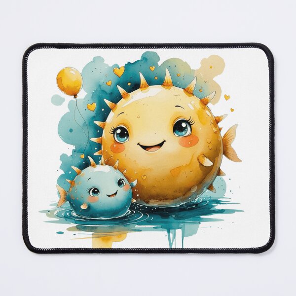 Item preview, Cute Pufferfish Mom and Baby with Balloon Watercolor Art designed and sold by AQUILAKREO.
