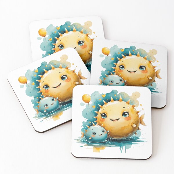 Item preview, Cute Pufferfish Mom and Baby with Balloon Watercolor Art designed and sold by AQUILAKREO.