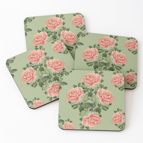 Item preview, Vintage Coral Peony Floral Pattern on Sage Green designed and sold by Artsy Corner.