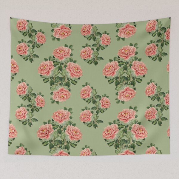 Item preview, Vintage Coral Peony Floral Pattern on Sage Green designed and sold by Artsy Corner.