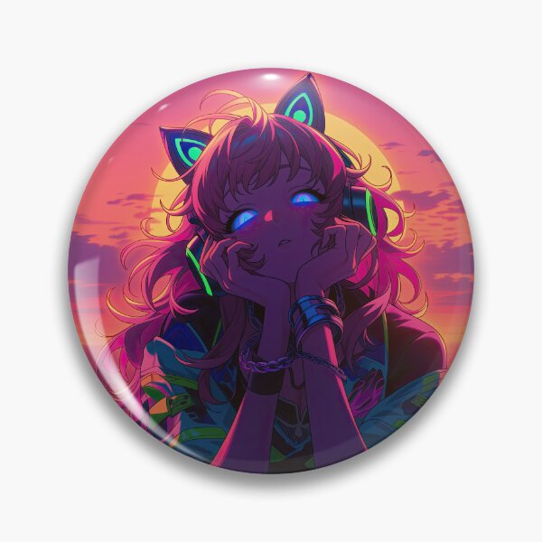 Item preview, Clementine Cyberpunk Sunset | Neon Anime Cat Girl Rooftop Art Print designed and sold by Nyx Creates.