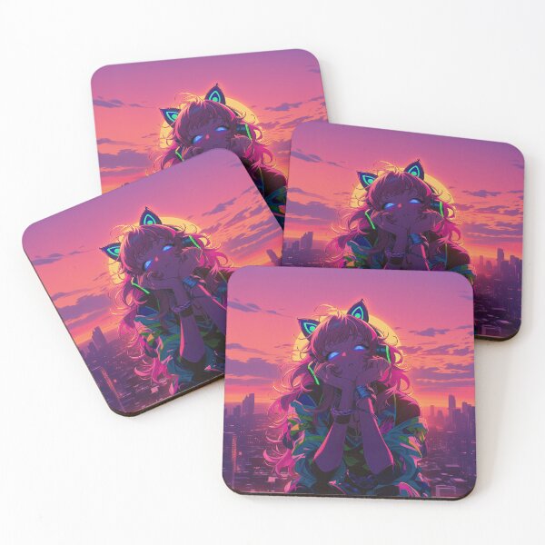 Item preview, Clementine Cyberpunk Sunset | Neon Anime Cat Girl Rooftop Art Print designed and sold by Nyx Creates.