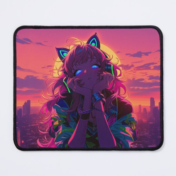 Item preview, Clementine Cyberpunk Sunset | Neon Anime Cat Girl Rooftop Art Print designed and sold by Nyx Creates.
