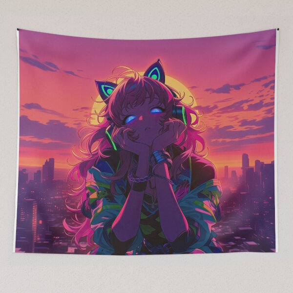 Item preview, Clementine Cyberpunk Sunset | Neon Anime Cat Girl Rooftop Art Print designed and sold by Nyx Creates.