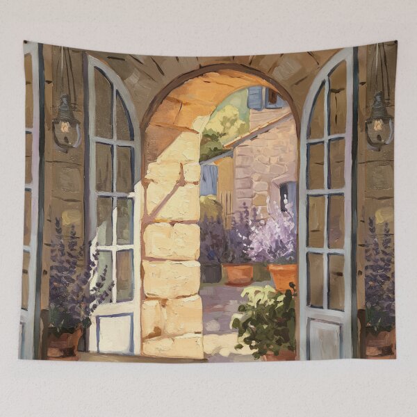 Item preview, Aix en Provence Courtyard View | Stone Archway Painting designed and sold by CARRAANN.