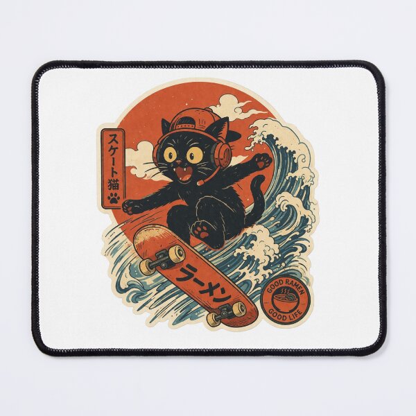 Item preview, Skater Cat Japanese Wave Sticker | Cute Black Cat Anime Skateboard Design designed and sold by ZenvyraLab.