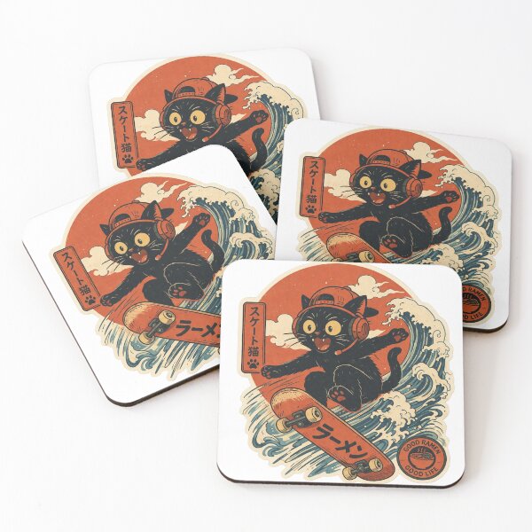 Item preview, Skater Cat Japanese Wave Sticker | Cute Black Cat Anime Skateboard Design designed and sold by ZenvyraLab.
