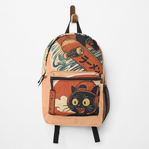 Item preview, Skater Cat Japanese Wave Sticker | Cute Black Cat Anime Skateboard Design designed and sold by ZenvyraLab.
