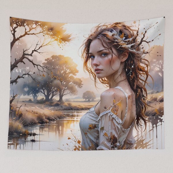 Item preview, Riverbank Serenity: Ethereal Maiden in Golden Hour Light designed and sold by Serene Strokes Art.