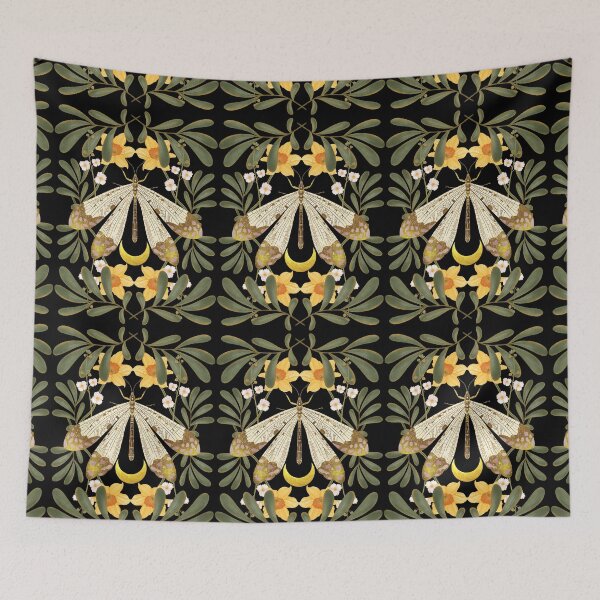 Item preview, A stunning symmetrical botanical design featuring a majestic pale moth centered between vibrant yellow lilies and lush green foliage. designed and sold by Grin Katalina Floral Patterns & Cozy Art.