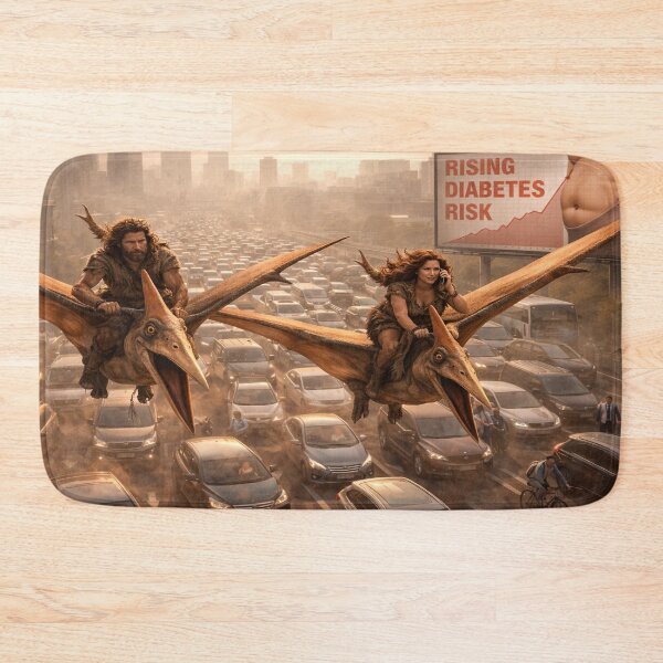 Item preview, Cavemen Riding Pterosaurs Over Traffic Jam designed and sold by SkirtOnTheMoon.