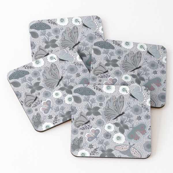 Item preview, Enchanted Moth and Butterfly Garden in soft grey blues designed and sold by phatlizzardart.