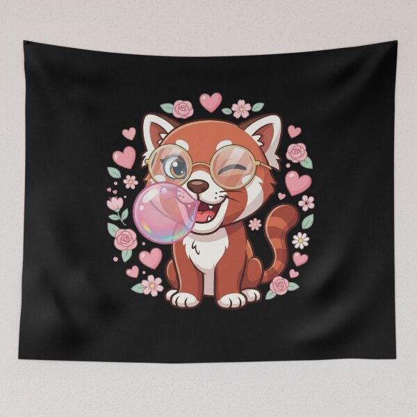 Item preview, Red Panda Blowing Pink Bubble Gum Girly Kawaii Hearts & Flowers Aesthetic  designed and sold by bilal sibgui.