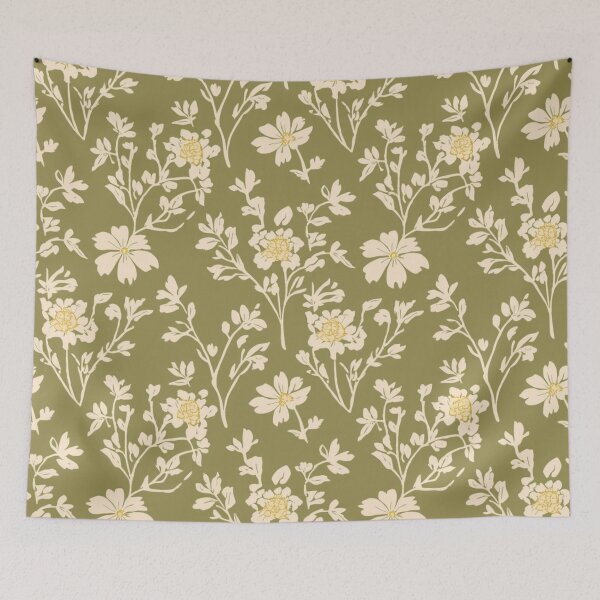 Item preview, Cream Flower Pattern On Olive Green Background designed and sold by burbankdesigns.