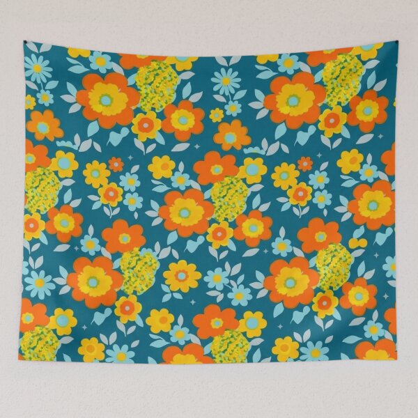 Item preview, : Vibrant Orange & Yellow Blooms on Deep Teal designed and sold by BLUESKY11a.