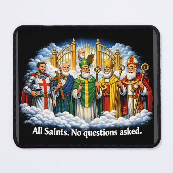 Item preview, All Saints No Questions Asked Funny Religious Humor UK Saints T-Shirt designed and sold by Hornace88studio.