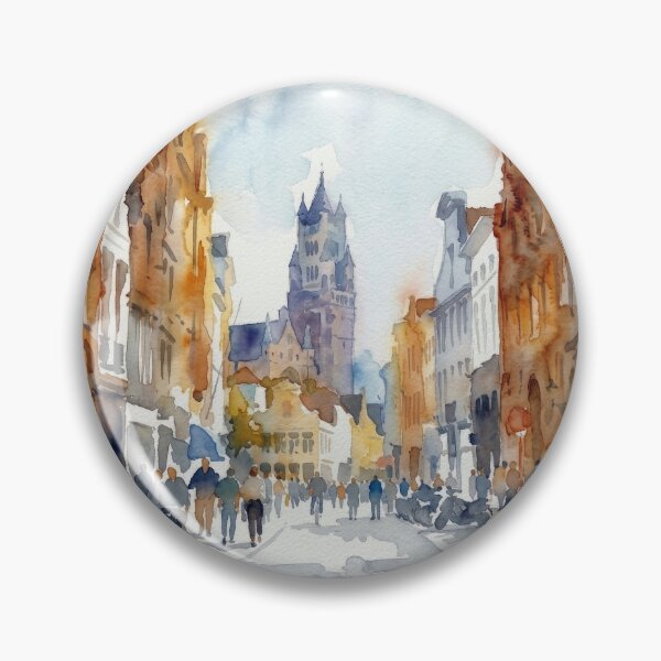 Item preview, Historic Street Bruges Belfry Watercolor Cityscape designed and sold by caracatita75.