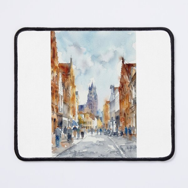 Item preview, Historic Street Bruges Belfry Watercolor Cityscape designed and sold by caracatita75.