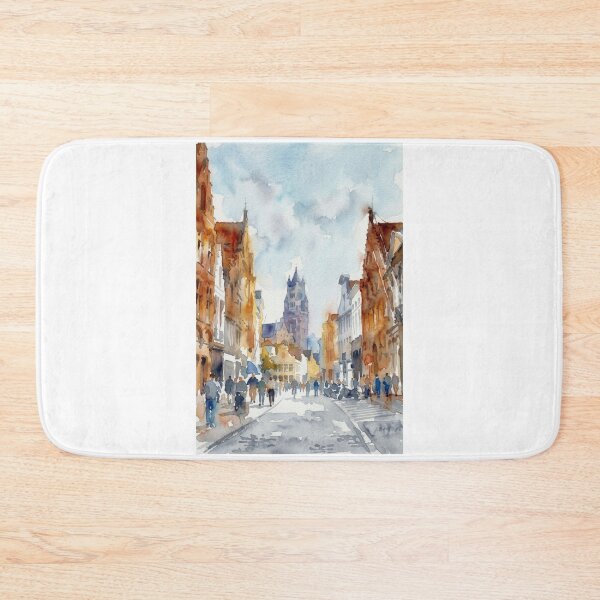 Item preview, Historic Street Bruges Belfry Watercolor Cityscape designed and sold by caracatita75.