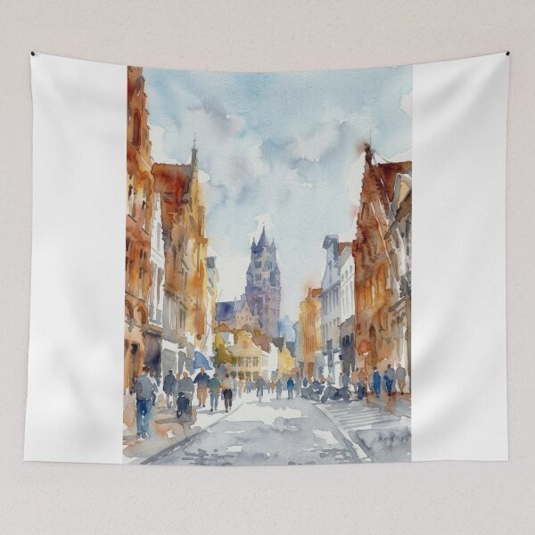 Item preview, Historic Street Bruges Belfry Watercolor Cityscape designed and sold by caracatita75.