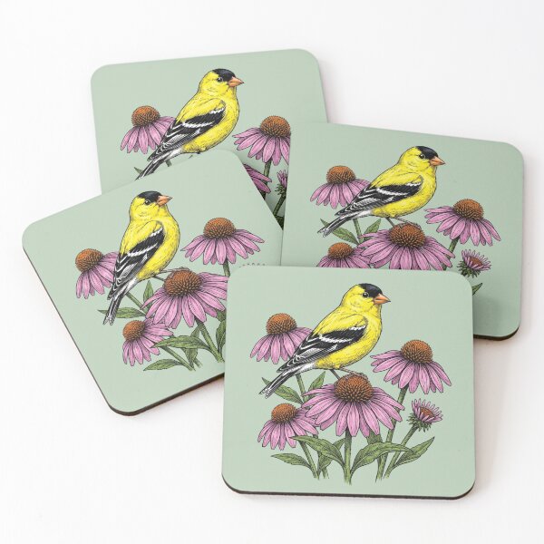 Item preview, American Goldfinch Perched on Pink Coneflowers Bird Illustration designed and sold by BirdsnStuff.
