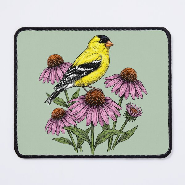 Item preview, American Goldfinch Perched on Pink Coneflowers Bird Illustration designed and sold by BirdsnStuff.