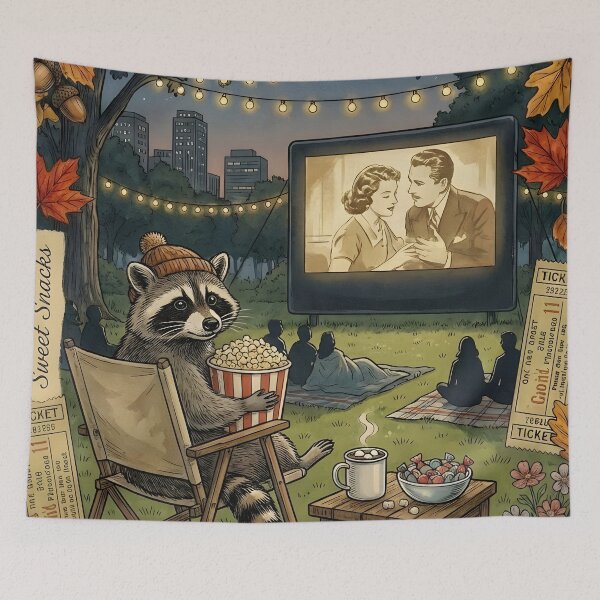 Item preview, Raccoon watching an outdoor movie with popcorn designed and sold by CoffeeinBloom.