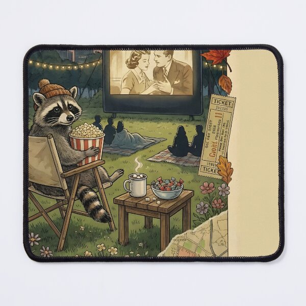 Item preview, Raccoon watching an outdoor movie with popcorn designed and sold by CoffeeinBloom.