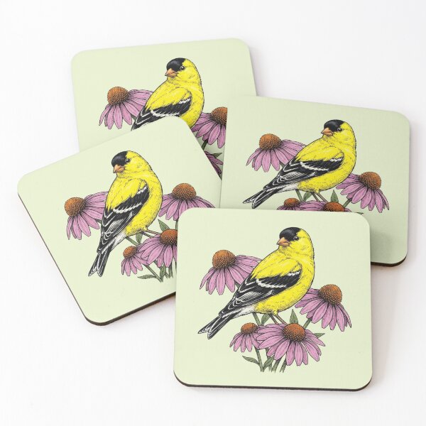Item preview, American Goldfinch Over the Shoulder Pose on Pink Coneflowers  designed and sold by BirdsnStuff.