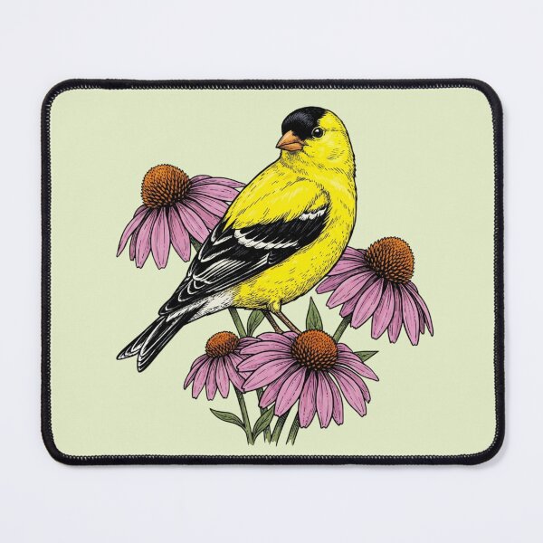 Item preview, American Goldfinch Over the Shoulder Pose on Pink Coneflowers designed and sold by BirdsnStuff.