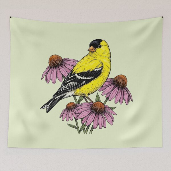 Item preview, American Goldfinch Over the Shoulder Pose on Pink Coneflowers  designed and sold by BirdsnStuff.