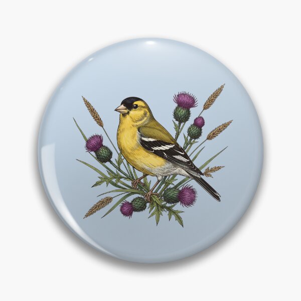 Artikelvorschau, Amerikanischer Goldfink zwischen blühenden lila Disteln entworfen und verkauft von BirdsnStuff.