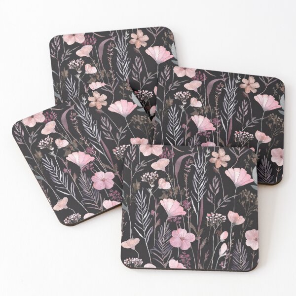 Item preview, WILDFLOWERS BLUSH pastel pink, sage green leafy botanicals watercolor leaves painting spring theme on black background  designed and sold by navitalidesign.