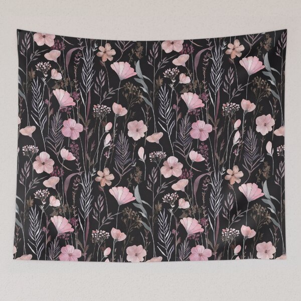 Item preview, WILDFLOWERS BLUSH pastel pink, sage green leafy botanicals watercolor leaves painting spring theme on black background  designed and sold by navitalidesign.