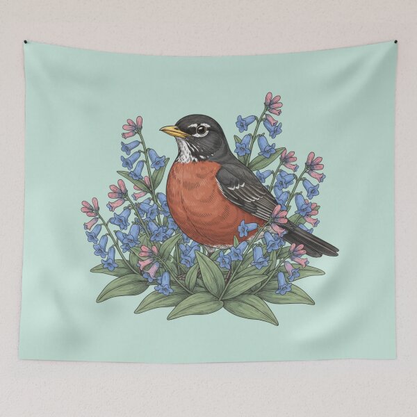 Item preview, American Robin Among Pink and Purple Spring Flowers Bird Art designed and sold by BirdsnStuff.