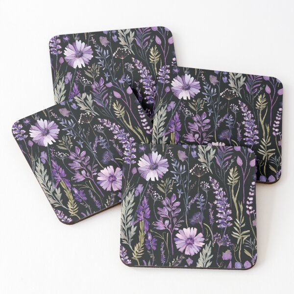 Item preview, WILDFLOWERS lavender pastel purple, sage green leafy botanicals watercolor leaves painting spring theme on black background  designed and sold by navitalidesign.