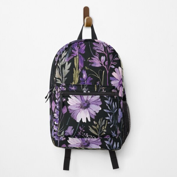 Item preview, WILDFLOWERS lavender pastel purple, sage green leafy botanicals watercolor leaves painting spring theme on black background designed and sold by navitalidesign.