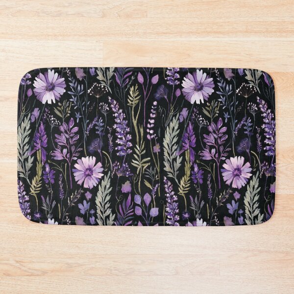 Item preview, WILDFLOWERS lavender pastel purple, sage green leafy botanicals watercolor leaves painting spring theme on black background  designed and sold by navitalidesign.