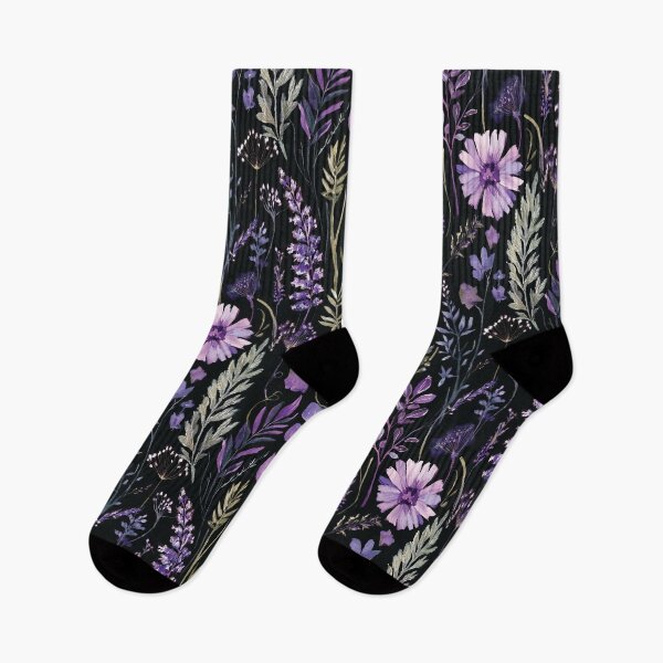 Item preview, WILDFLOWERS lavender pastel purple, sage green leafy botanicals watercolor leaves painting spring theme on black background  designed and sold by navitalidesign.