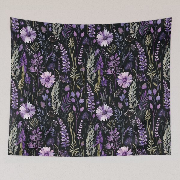 Item preview, WILDFLOWERS lavender pastel purple, sage green leafy botanicals watercolor leaves painting spring theme on black background  designed and sold by navitalidesign.