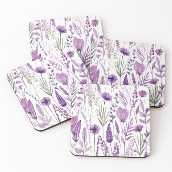 Item preview, WILDFLOWERS lavender pastel purple, sage green leafy botanicals watercolor leaves painting spring theme on white background  designed and sold by navitalidesign.