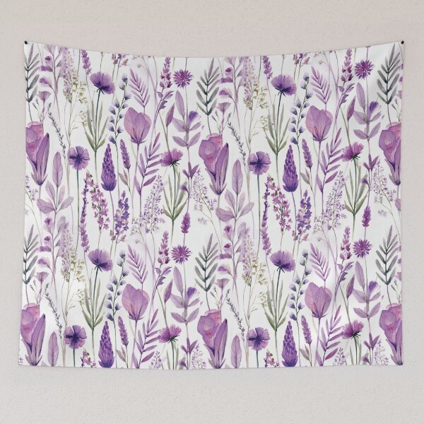 Item preview, WILDFLOWERS lavender pastel purple, sage green leafy botanicals watercolor leaves painting spring theme on white background  designed and sold by navitalidesign.