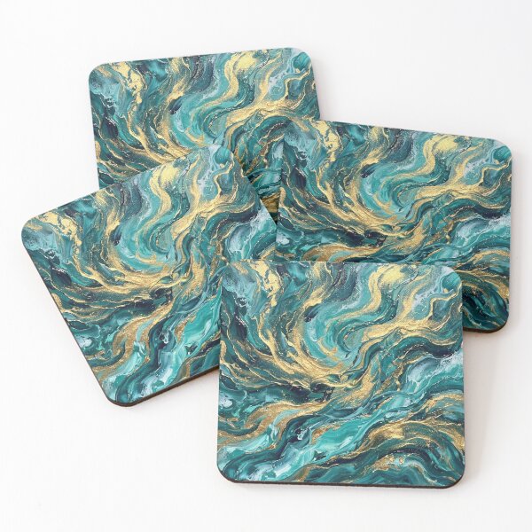 Item preview, Ocean Waves Teal Blue and Gold Fluid Art - Abstract Sea Wall Decor - Luxury Coastal Beach House Gift designed and sold by Camwal.
