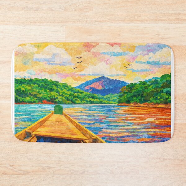 Item preview, Small Wooden Boat on Amazon River, Rainforest River, Papercut Collage, Mixed Media Digital Illustration designed and sold by SWSandraWechner.